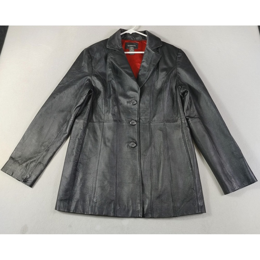 George Leather Jacket Womens Large Black Vintage 90s Button Red Lined Blazer